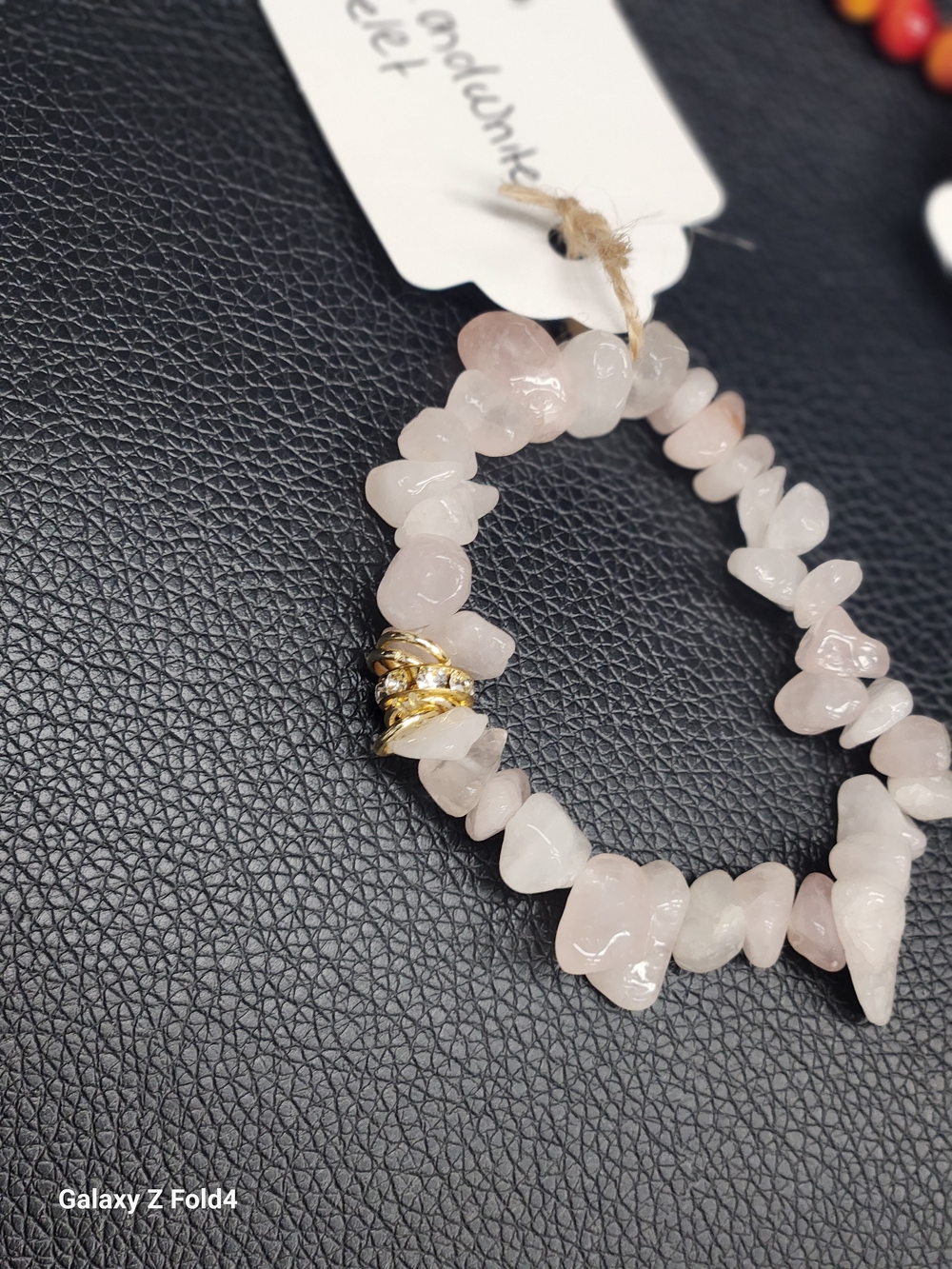 Hand Crafted Rose Quartz Chip Bracelet with Gold Accent